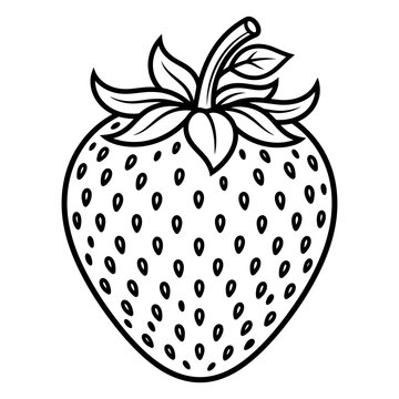 A black and white line drawing of a single, ripe strawberry with its green leaves and stem.