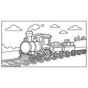 Coloring page featuring a cartoon steam train with cargo carriages.