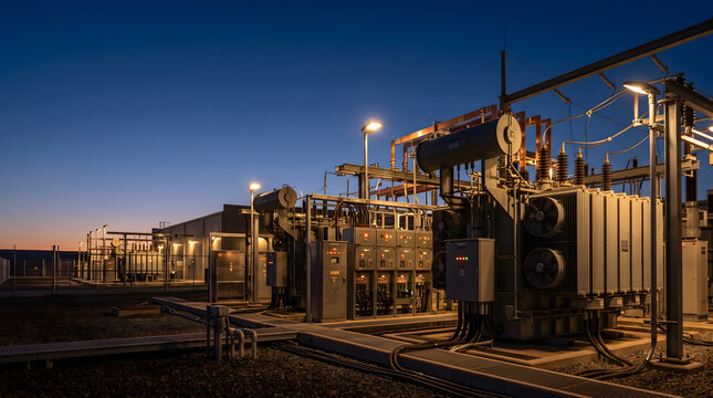 High Voltage Electrical Substation Transformer at Dusk Under Deep Blue Sky with Lights