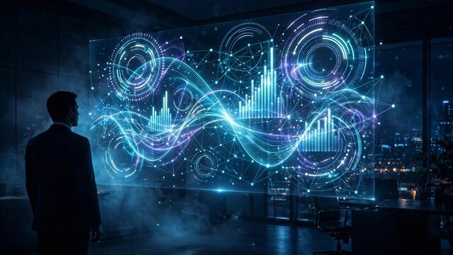 Businessman Silhouette Facing a Large Holographic Data Display