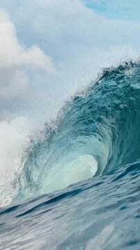 Dynamic action shot of blue ocean swell forming hollow wave tube with white splash in water. Ideal visual asset for nature documentaries, commercials, and promo. Vertical video