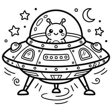Cute Cartoon Alien Flying in a Spaceship Coloring Page for Kids.