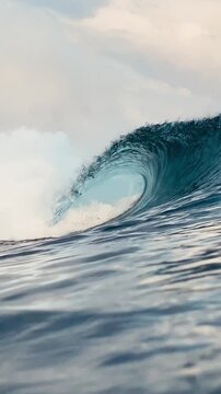 Dynamic action shot of blue ocean swell forming hollow wave tube with white splash in water. Ideal visual asset for nature documentaries, commercials, and promo. Vertical video
