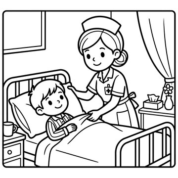A Kind Nurse Tucking a Young Boy into a Hospital Bed Coloring Page.