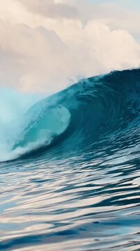 Close up view of clean ocean surfing wave barrel curling with white foam in clear blue sea. Perfect background for surfing, water sports, and extreme adventure. Vertical video