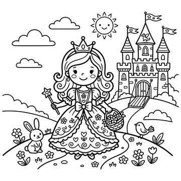 Cute Princess Coloring Page for Kids with Castle and Bunny.