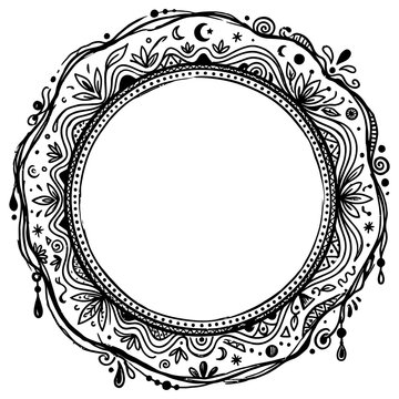Hand drawn circular ornamental frame with celestial and botanical elements.