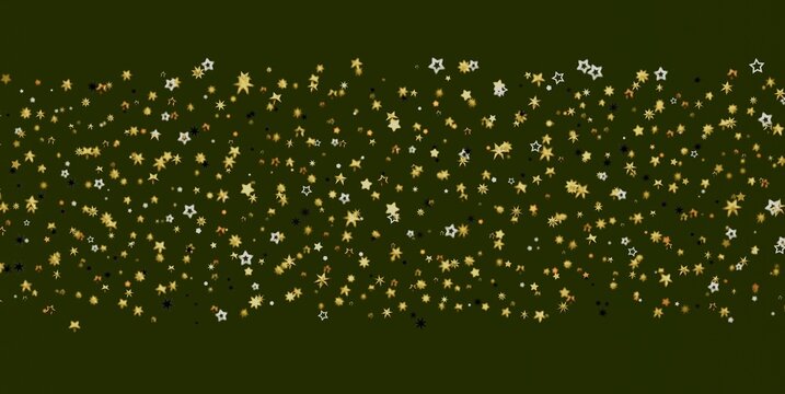 A vibrant pattern of gold and white stars falling on a deep green backdrop.