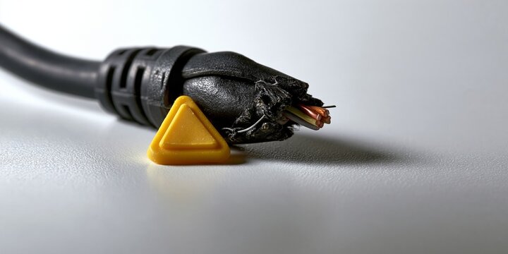 Damaged Electrical Cable With Warning Symbol