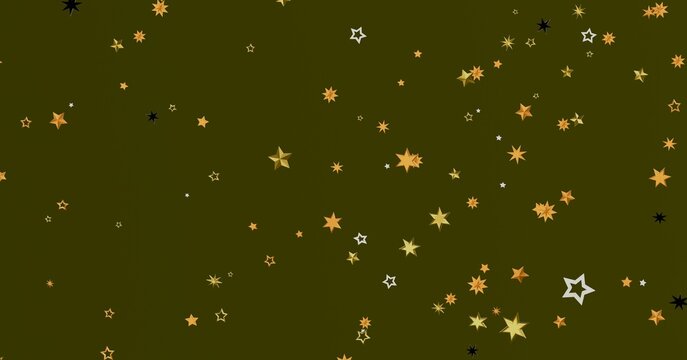 Abstract pattern of gold, white, and dark stars on a deep olive green background.