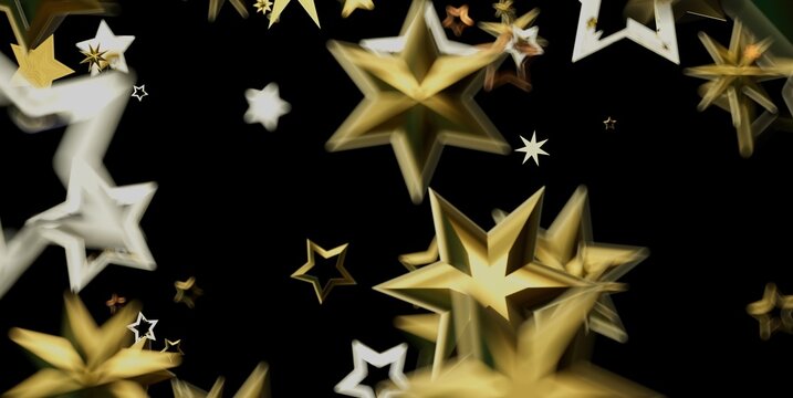 Abstract golden and white stars create a festive, shimmering background.