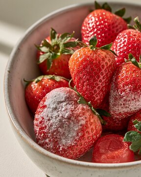 Moldy strawberries in ceramic bowl