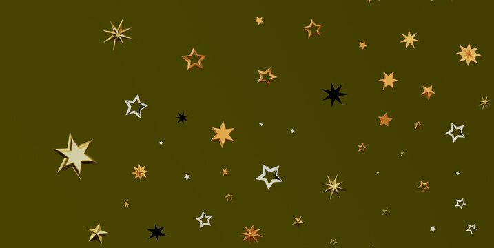 A festive background featuring scattered golden and silver metallic stars on dark olive green.