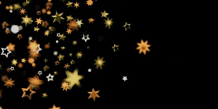 Sparkling golden and white stars create a festive abstract background with ample copy space.