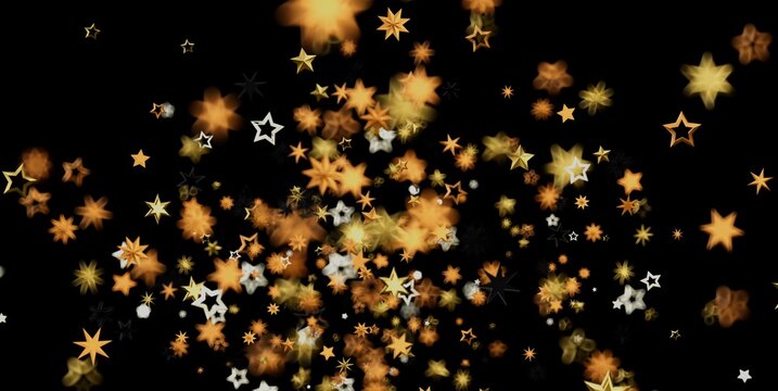 Festive abstract background with sparkling golden and white stars on black.
