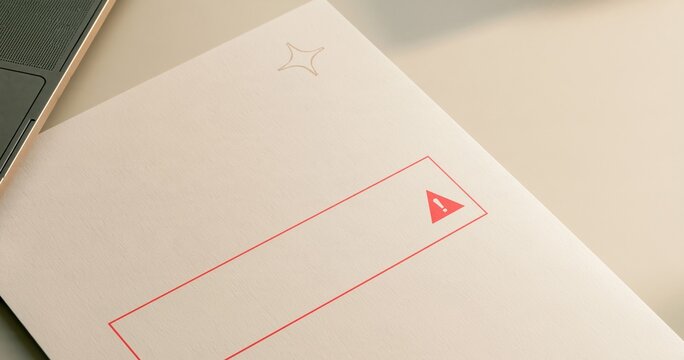 Blank warning document beside laptop