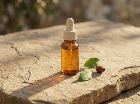 Essential oil dropper bottle on grassy ground