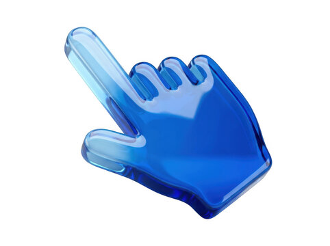 Glossy blue glass computer mouse cursor hand pointer isolated on transparent background