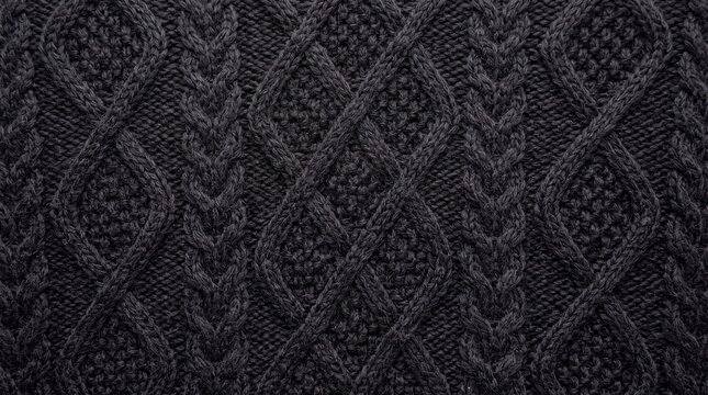 Black knitted wool fabric with textured cable and diamond patterns in a seamless close up textile background