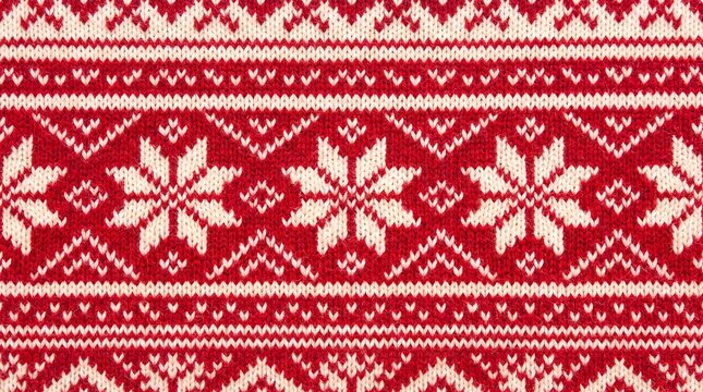 Red and white knitted wool fabric with repeating snowflake motifs, geometric bands, and traditional winter textile pattern in close up