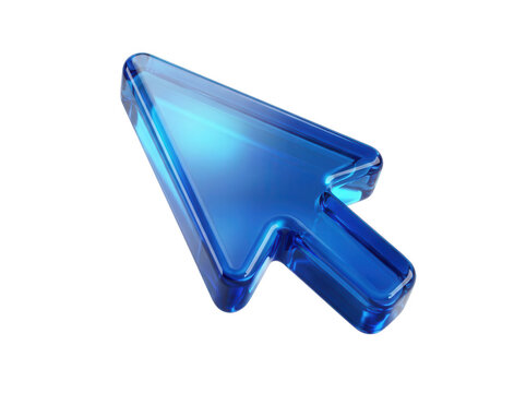 Glossy blue glass computer mouse cursor arrow isolated on transparent background for web navigation