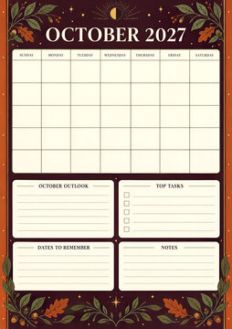 October 2027 Monthly Planner Calendar with Autumn Leaves Top Tasks Outlook and Notes Printable Monthly Planner Template for Office, Home and Business Organization