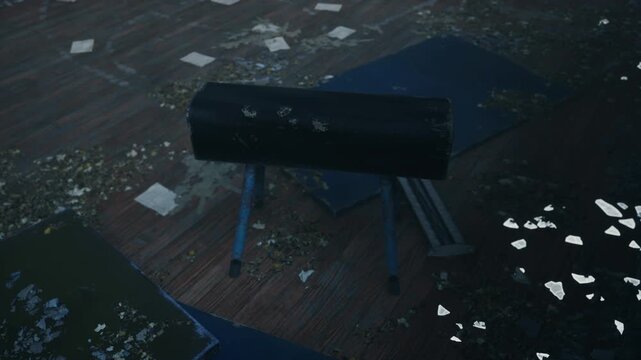 An old worn out pommel horse stands in the middle of a dark and dusty indoor gymnasium floor at night as debris and white papers lie scattered on the dark wooden surface around the gymnastic equipment