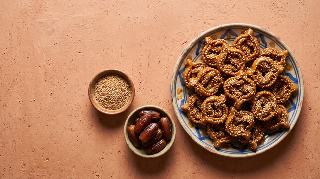Moroccan chebakia honey sesame cookies with dates for Ramadan, top view with copy space