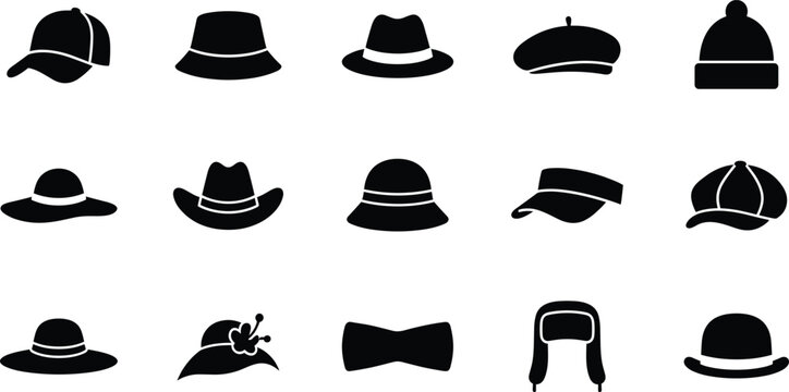 Set of various headwear icons including hats caps and beanies for fashion design
