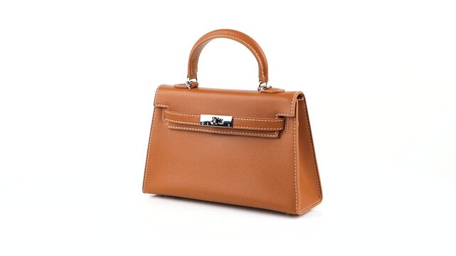 Seamless 360 degree rotation of a caramel brown handbag in 4K studio footage, displaying its compact shape, top handle, stitched edges and silver clasp on white.