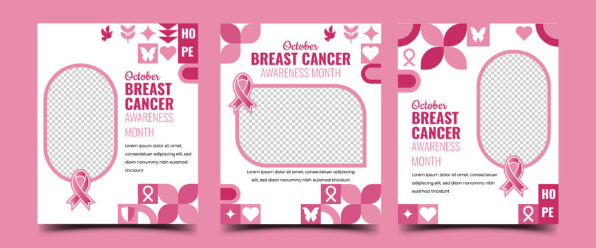 Breast Cancer Awareness Social Media Template Set with Pink Ribbon and Geometric Elements