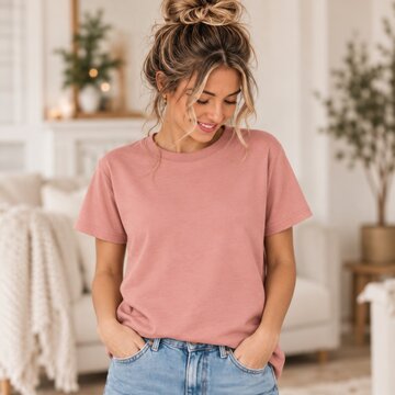 Women pink t-shirt mockup. Young female model in short sleeve shirt stands in Christmas decorated room. Women's regular fit shirt, holiday casual basic tee, front view, indoors