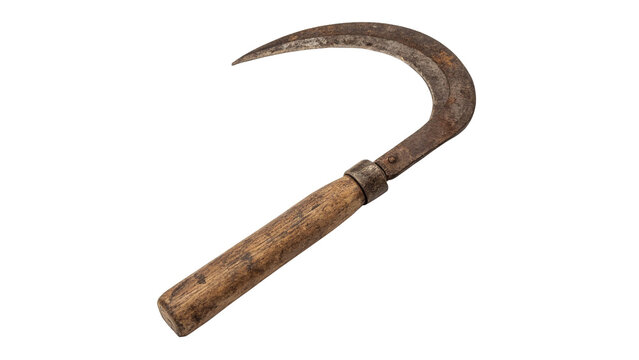 Ancient vintage hand sickle tool with a weathered brown wooden handle isolated on transparent background.