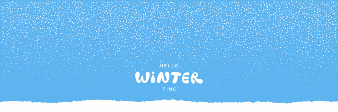 Winter falling snow background 1:3 rectangle. Splash uneven chaotic dots tiny spots spray texture.  Snowy header template, New Year Christmas border, hand drawn dotted frame. WINTER hand lettering.