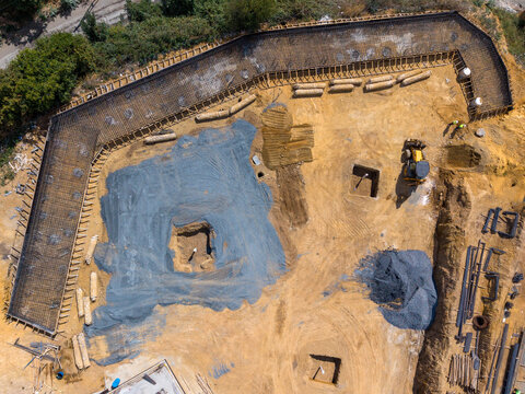Top Down Aerial View Of Retaining Wall Shoring And Site Excavation