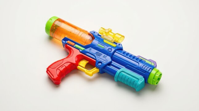 A colorful, futuristic plastic water gun, featuring a red handle, a blue barrel, and a yellow trigger, is ready for dynamic festival play, water gun, joy, futuristic