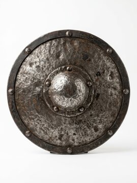 Ancient Medieval Round Iron Shield with Central Boss and Riveted Rim Isolated on White Background