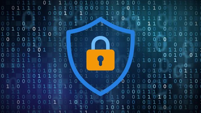 Animated Cybersecurity Background with Glowing Shield Padlock, Blinking Binary Numbers and Blue Data Effects