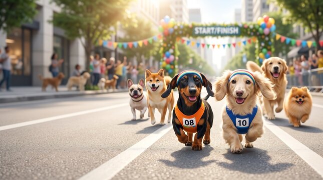 Two cute chubby dachshund puppies leading dogs in urban city marathon fun run with banner copy space