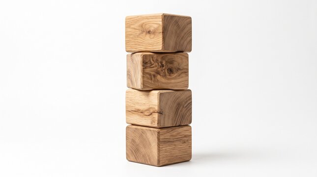 Stack of four wooden cubes balanced vertically on a white background