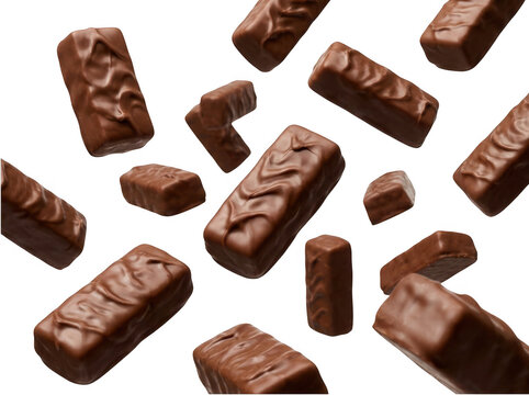 Delicious chocolate candy bars falling in midair isolated on transparent background
