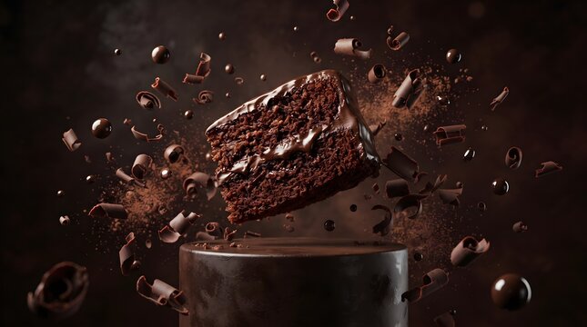 Floating slice of rich chocolate cake with flying chocolate shavings and cocoa powder explosion.