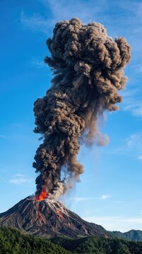 A powerful volcanic eruption with a dense, billowing plume of dark ash and thick smoke clouds dramatically ascending high into the atmosphere, power, dramatic, atmospheric