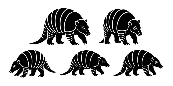 Collection of armadillo silhouettes in various poses, representing wildlife, biodiversity, and animal-themed design elements.