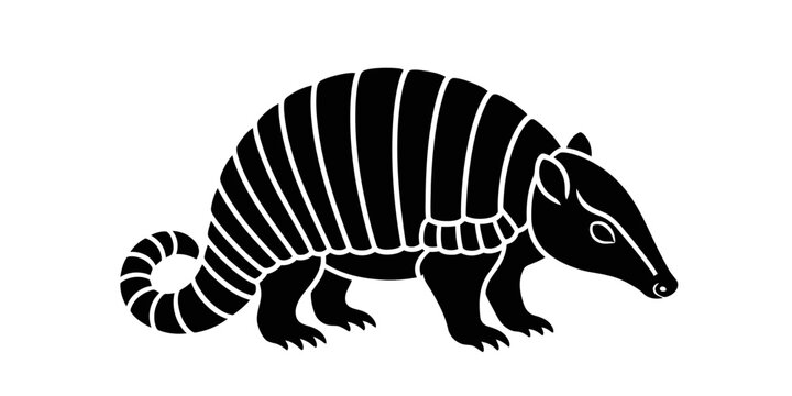 Bold black silhouette illustration of an armadillo with segmented armor plates, representing wildlife, protection, and nature.
