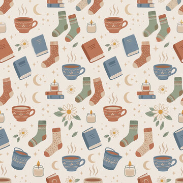 Seamless Winter Self Care Pattern with Tea Cups Books and Candles