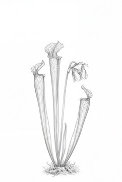 Tall pitcher plants with a nodding flower, vertical graphite drawing