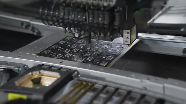 Pick and place machine installs components on circuit board. SMT assembly line close up
