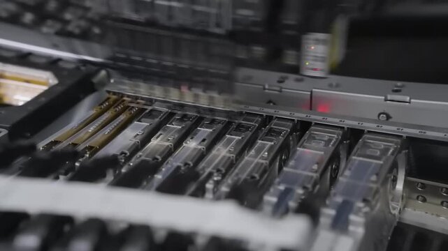Pick and place machine head with nozzles picks electronic components. SMT line close up