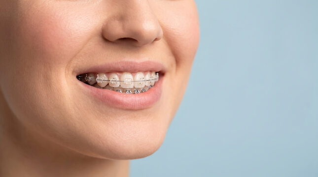 Young female grins brightly revealing orthodontic braces attached to clean white teeth. Satisfied patient demonstrates clear ceramic bracket alignment during personal dental care routine.